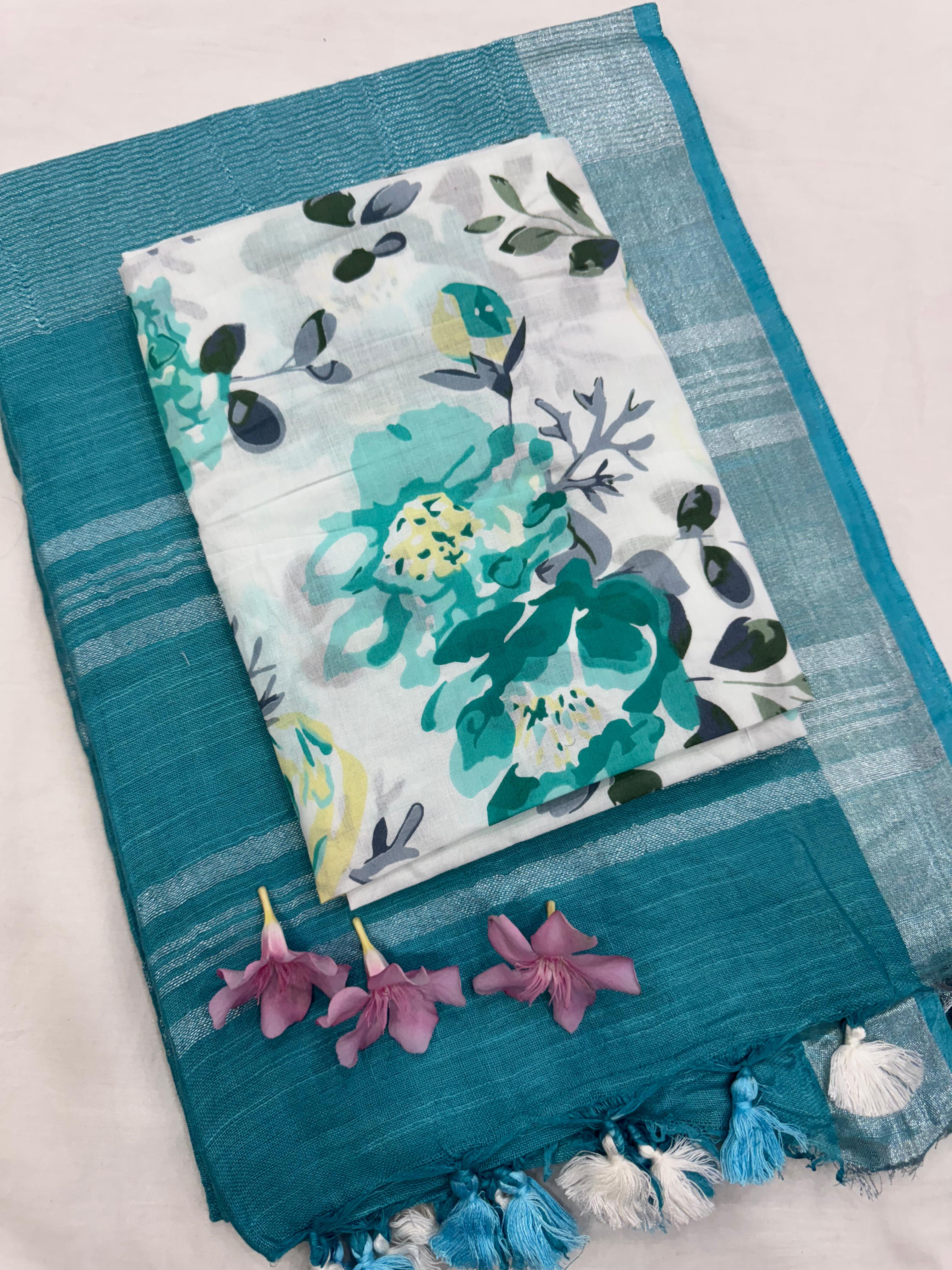 Peacock Blue Saree with White Floral Design Blouse Fabric – Designer handcrafted cotton mul handblock saree wholesale for boutiques